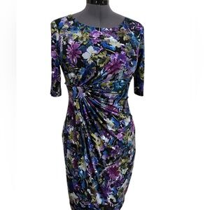 Connected Apparel Purple and Blue Ruched Sheath Dress Bateau Neckline